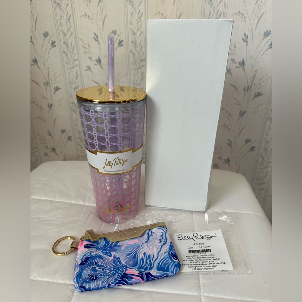 Lilly Pulitzer Pink and Gold Tumbler with Blue ID Case
